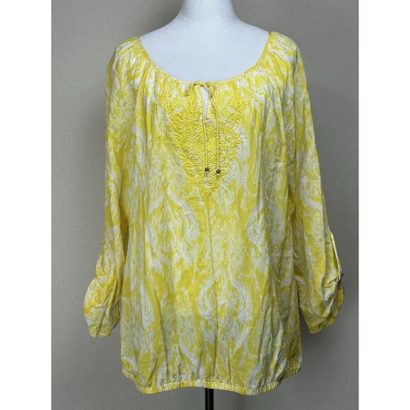 Lane Bryant Women’s Top 3/4 Sleeves Yellow Embroidered Elastic Waist Sz 18/20 - Picture 1 of 14
